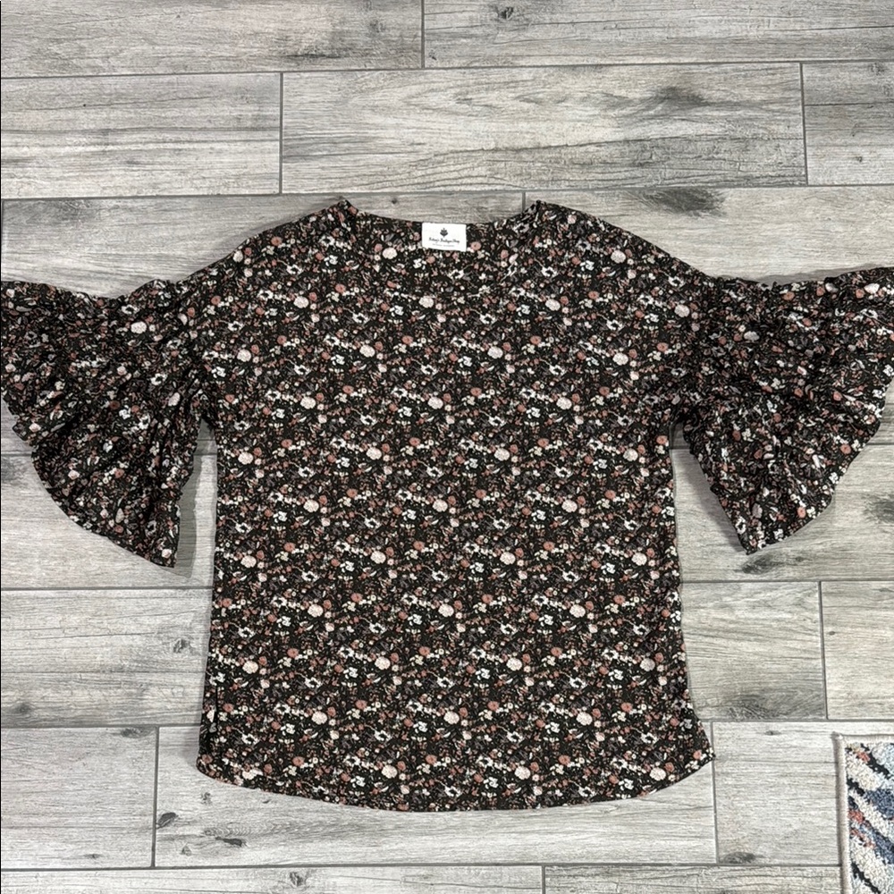 Floral Ruffle Sleeve Top - Brown, Pink and Cream